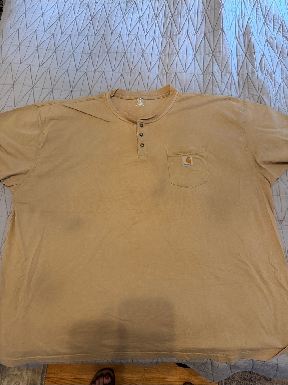 Carhartt Men's Tan Short-Sleeve Henley Pocket Tee stained